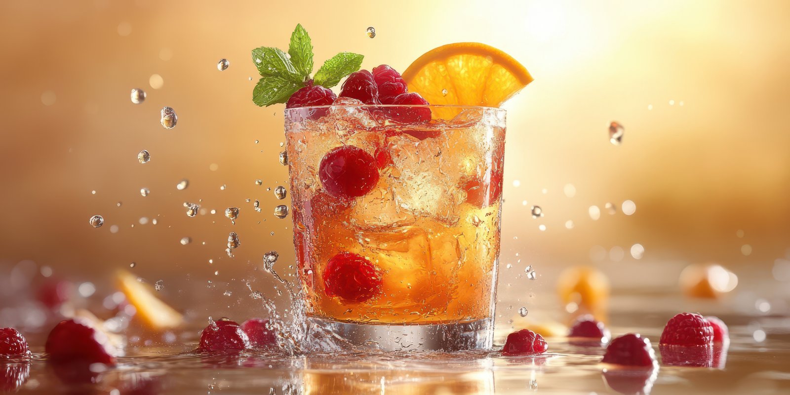 Refreshing drink with raspberries and orange garnish splashes in sunlight at a summer gathering